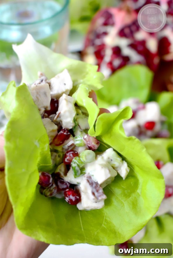 11 Effortless Chicken Salad Recipes 8 Mayo-Free Honey Pomegranate Pecan Chicken Salad Lettuce Wraps, a healthy and flavorful option with sweet pomegranate and crunchy pecans, offering a unique twist.