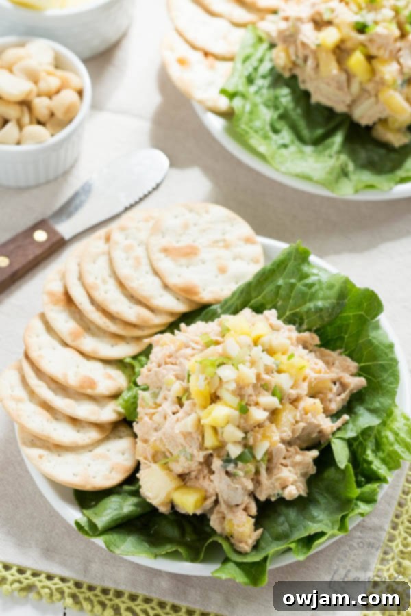 11 Effortless Chicken Salad Recipes 10 Tropical Hawaiian Chicken Salad, bursting with sweet and tangy flavors from ingredients like pineapple and coconut, perfect for a refreshing summer meal.