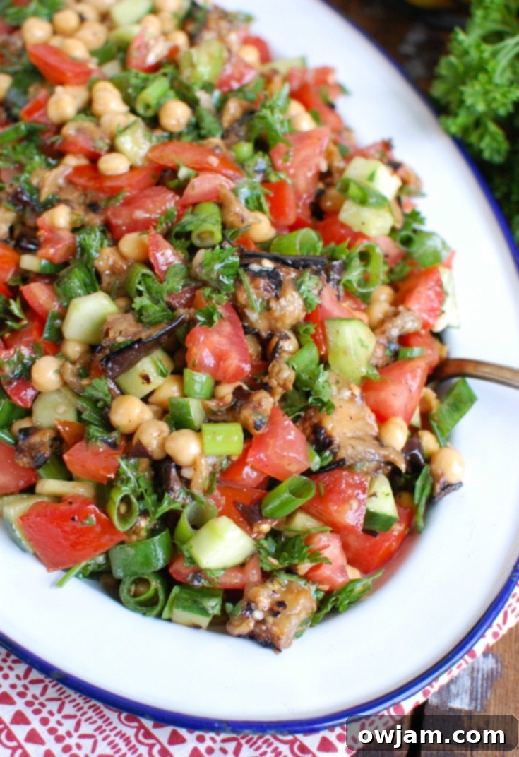 Vibrant Mediterranean Eggplant Chickpea Salad 5 Mediterranean Eggplant Chickpea Salad on White Platter, ready to be served