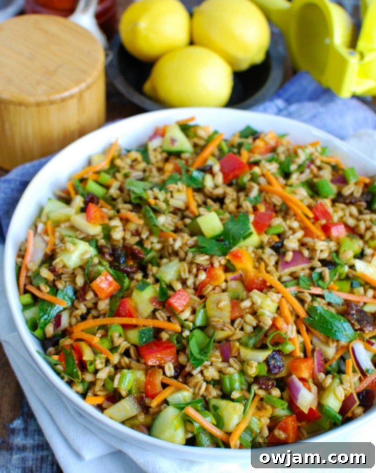 Refreshing Summer Farro Salad 3 Side view of Easy Summer Farro Salad in a serving bowl
