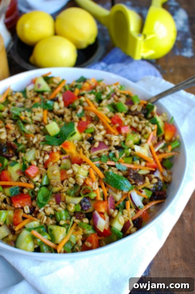Refreshing Summer Farro Salad 5 Easy Summer Farro Salad in a white bowl with a wooden spoon
