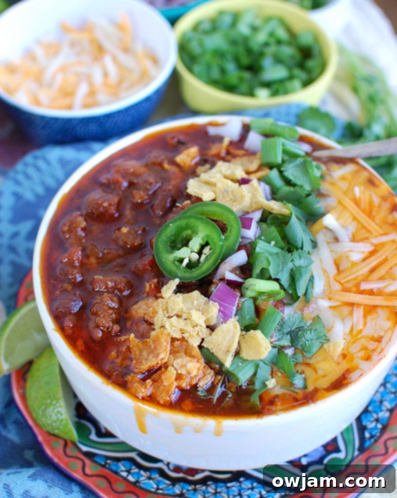 Quick Instant Pot Beef Chili 6 Easy Instant Pot Beef Chili served in a large white bowl, ready to be enjoyed.