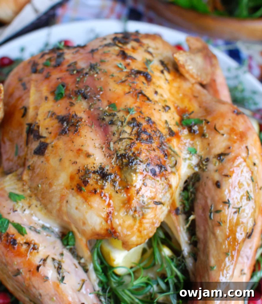 Holiday Herb Butter Turkey 5 Sliced Herb Butter Roasted Turkey with cranberries and herbs on a wooden board