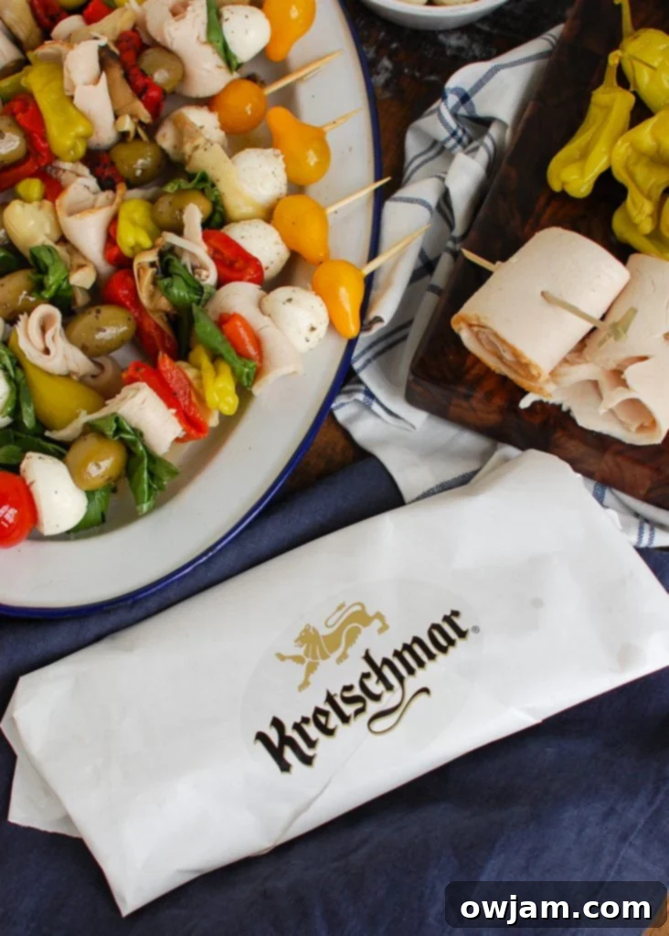Mediterranean Antipasto Skewers highlighting slices of Kretschmar Off The Bone turkey deli meat.