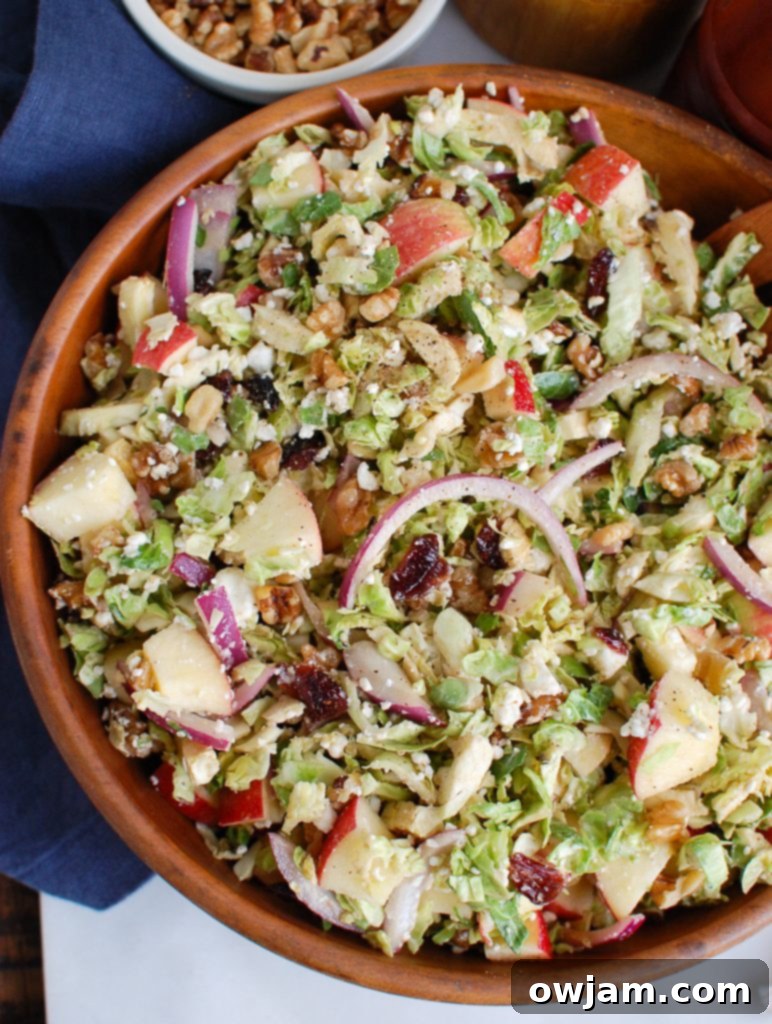 Tangy Goat Cheese, Crisp Apple & Shaved Brussels Sprout Salad 3 Brussels Sprout Apple Goat Cheese Salad Half Bowl close up