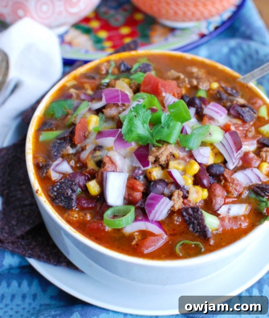 Effortless Instant Pot Turkey Chili 5 A bowl of rich Instant Pot Turkey Chili, perfectly garnished and ready to be enjoyed, displayed on a clean white plate.
