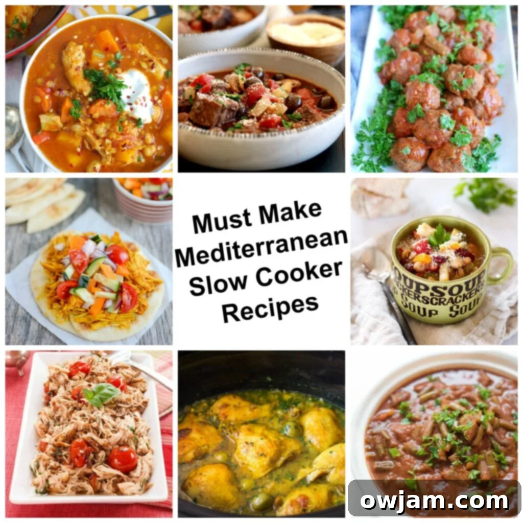 9 Mouthwatering Mediterranean Slow Cooker Creations 2 A vibrant collage showcasing 9 different Mediterranean slow cooker dishes, including chicken, beef, and various soups, emphasizing healthy and easy meal prep.