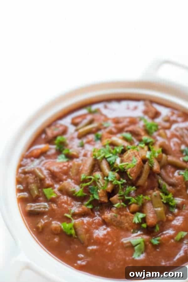 9 Mouthwatering Mediterranean Slow Cooker Creations 11 A close-up of traditional Slow Cooker Lebanese Green Beans and Beef stew, rich with tomato and spices, ready to be enjoyed.