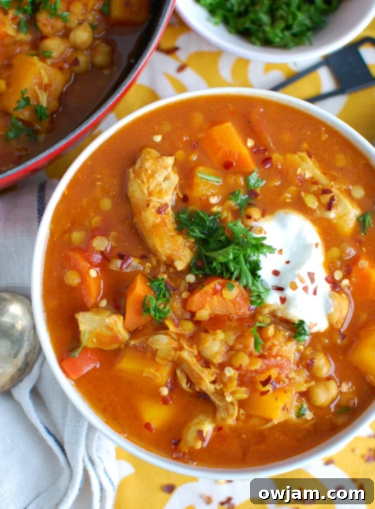 9 Mouthwatering Mediterranean Slow Cooker Creations 3 A hearty bowl of Slow Cooker Moroccan Chicken Chickpea Soup, garnished with fresh herbs, showcasing tender chicken, chickpeas, and a rich, spiced broth.