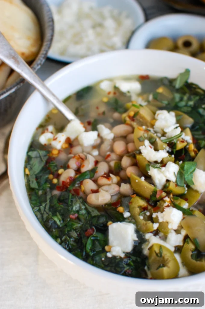 Close-up of Mediterranean White Bean Soup with a spoon