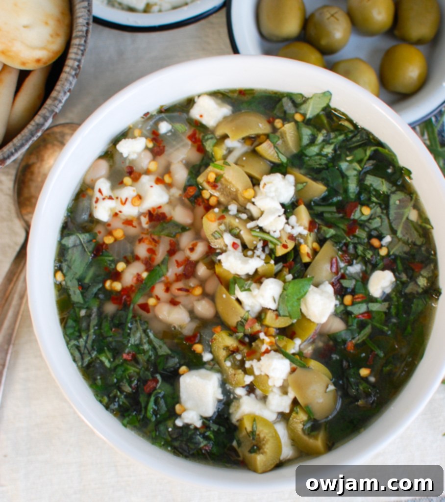 Bowl of Mediterranean White Bean Soup ready to be served