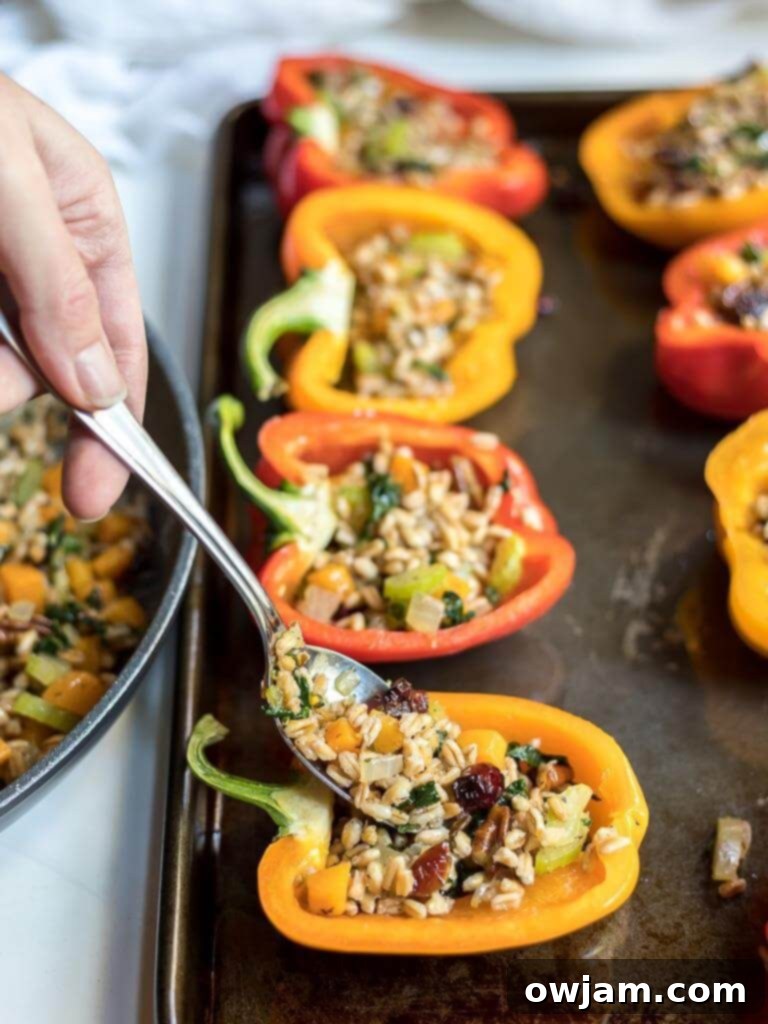 Farro Stuffed Peppers - Bell peppers generously stuffed with a savory farro mixture, baked until tender and golden.