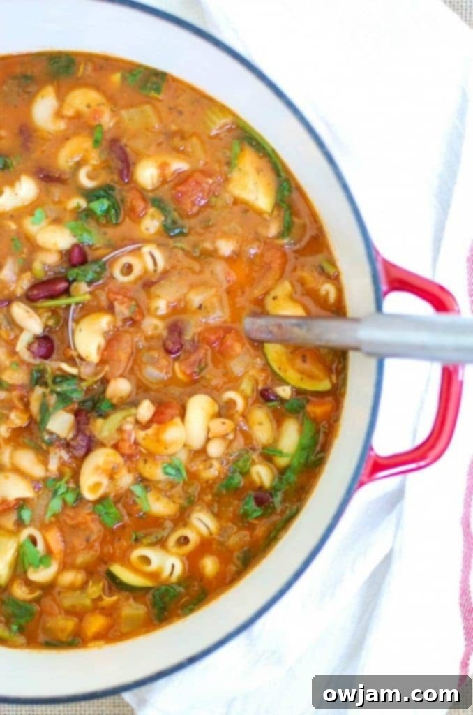 Homemade Minestrone Soup - A rustic bowl of classic minestrone soup, brimming with pasta, beans, and an assortment of fresh vegetables in a rich tomato broth.