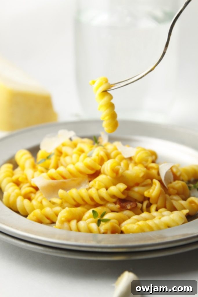 Creamy Carrot & Parmesan Pasta - A comforting dish of pasta tossed in a rich, creamy carrot and Parmesan sauce, garnished with fresh herbs.