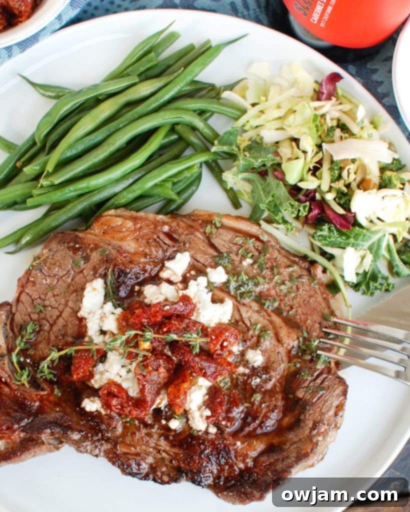 Pan-Seared Ribeye Steaks with Creamy Goat Cheese and Sweet Sun-Dried Tomatoes 6 Pan-Seared Ribeye with Goat Cheese and Sun-dried Tomatoes with Green Beans