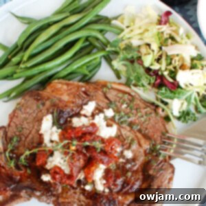 Pan-Seared Ribeye Steaks with Creamy Goat Cheese and Sweet Sun-Dried Tomatoes 8 Pan-Seared Ribeye with Goat Cheese and Sun-dried Tomatoes with Green Beans