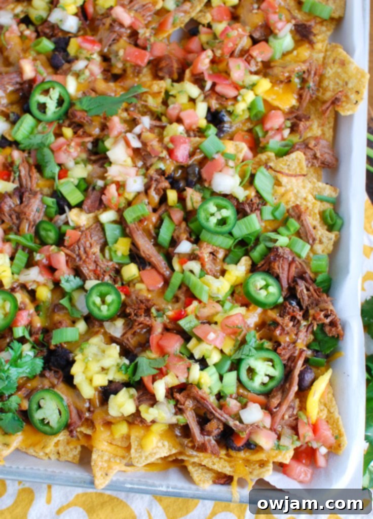 Fully loaded beef nachos with all toppings, ready to eat.