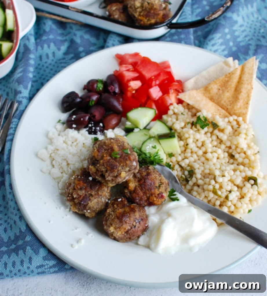 Greek Keftedes 5 Greek Meatballs arranged attractively on a white platter for serving