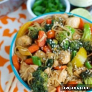 Easy Chicken Ramen Noodle Stir Fry, close up in a bowl