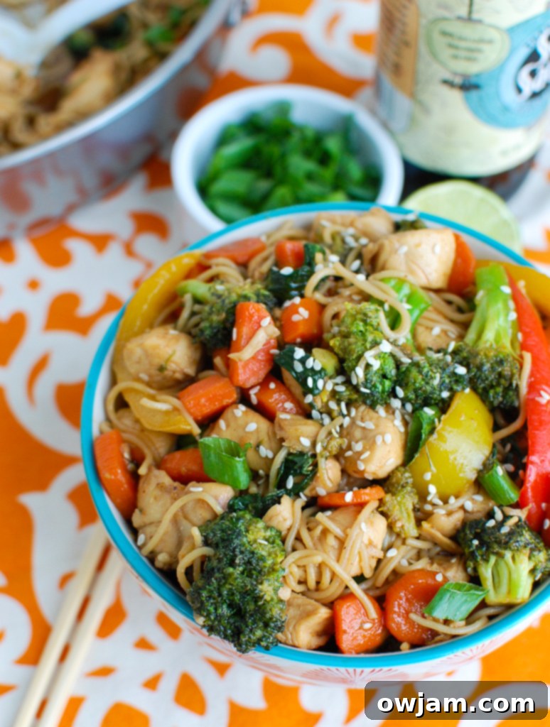 A serving of Easy Chicken Ramen Noodle Stir Fry in a bowl, ready to eat