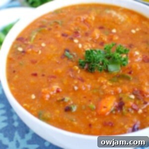 A bowl of Slow Cooker Lentil Soup, ready to be served.