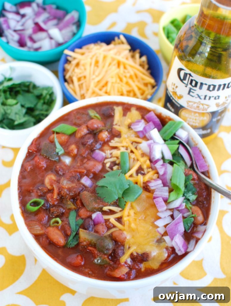 Slow Cooker Vegetarian Chili in white bowl