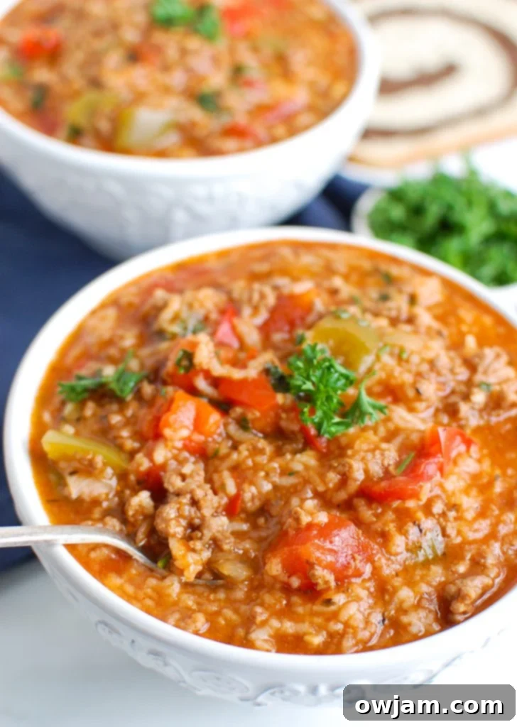 Instant Pot Stuffed Pepper Soup White Bowl