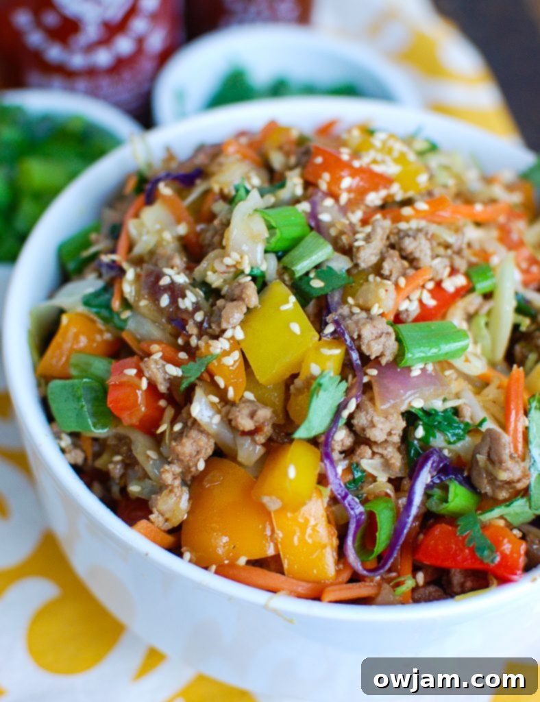 Egg Roll in a Bowl served with chopsticks, ready to eat.