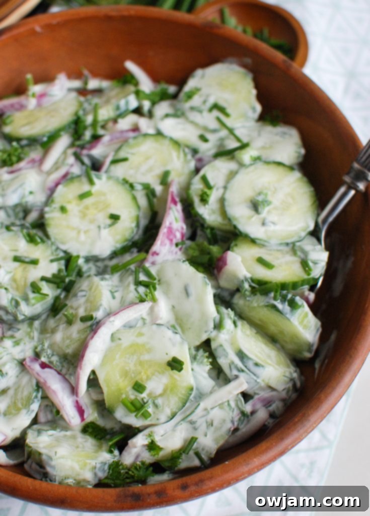 Velvety Cool Cucumber Salad 5 Creamy Cucumber Salad in a decorative brown bowl, ready for serving