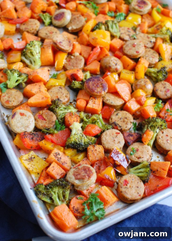 Sheet Pan Chicken Sausage and Vegetables on baking sheet, ready to serve