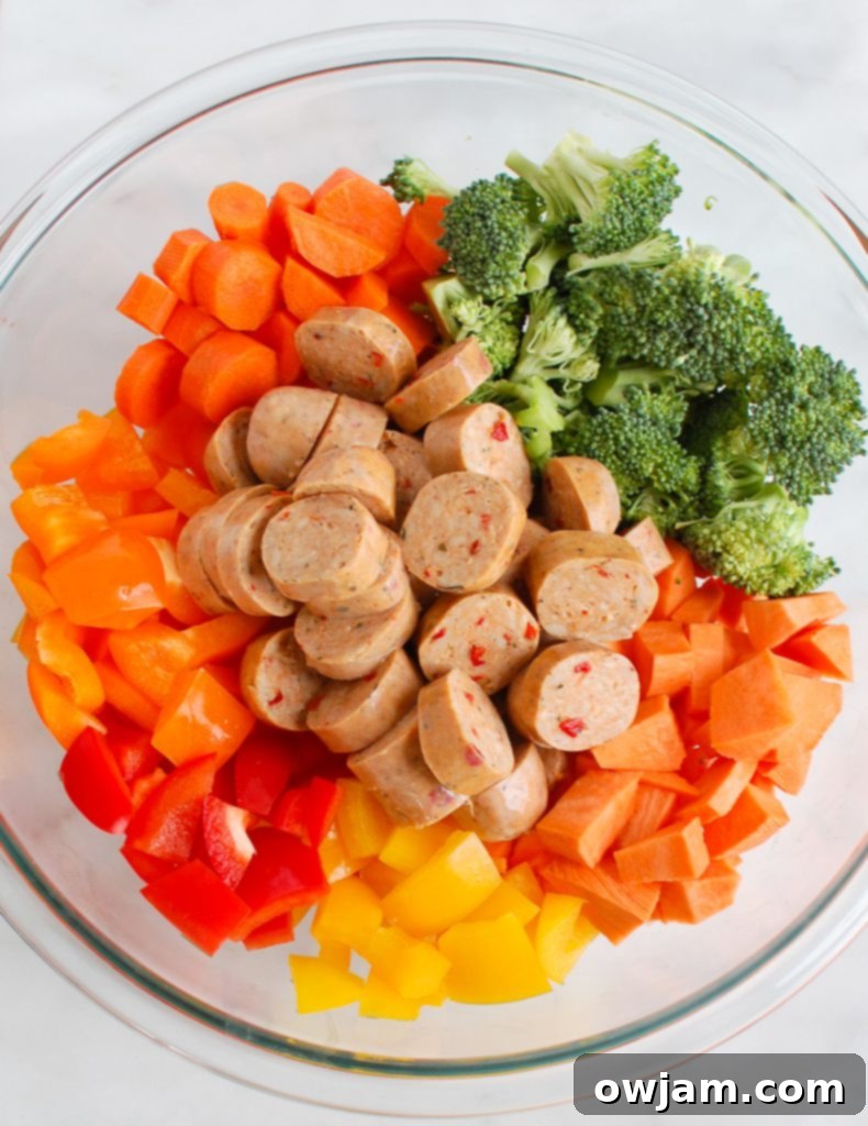 Sheet Pan Chicken Sausage and Vegetables Ingredients laid out