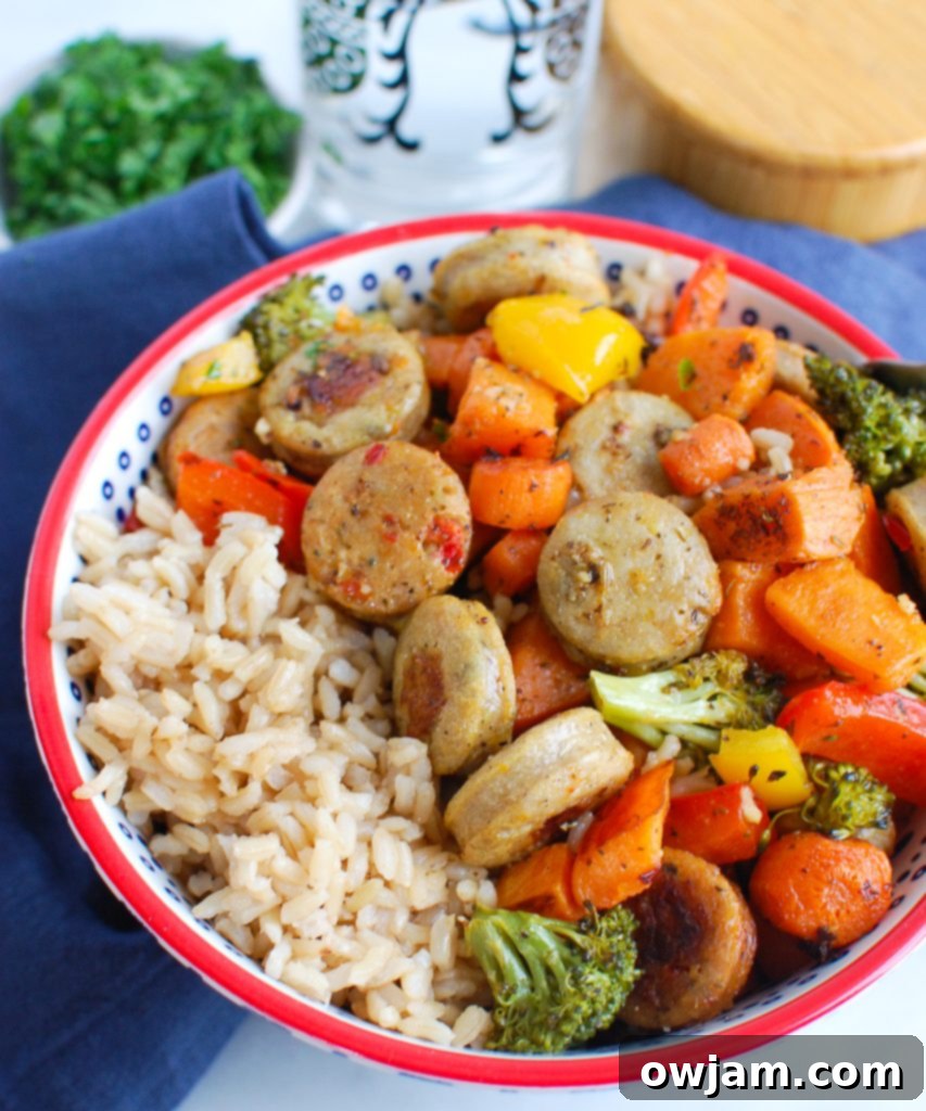Sheet Pan Chicken Sausage and Vegetables served in a bowl