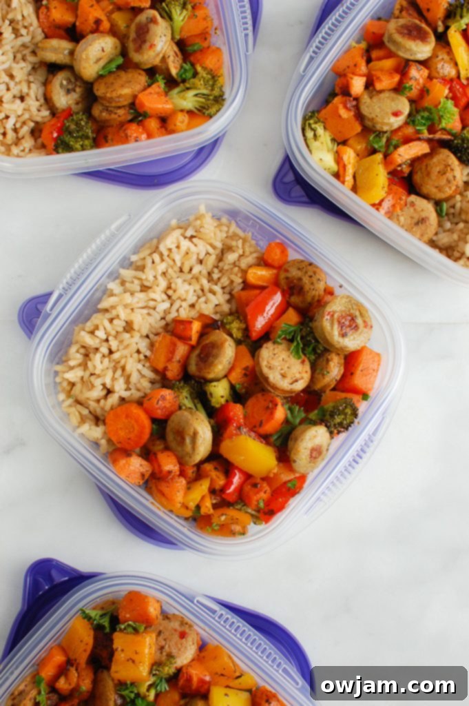 Sheet Pan Chicken Sausage and Vegetables portioned in a meal prep container