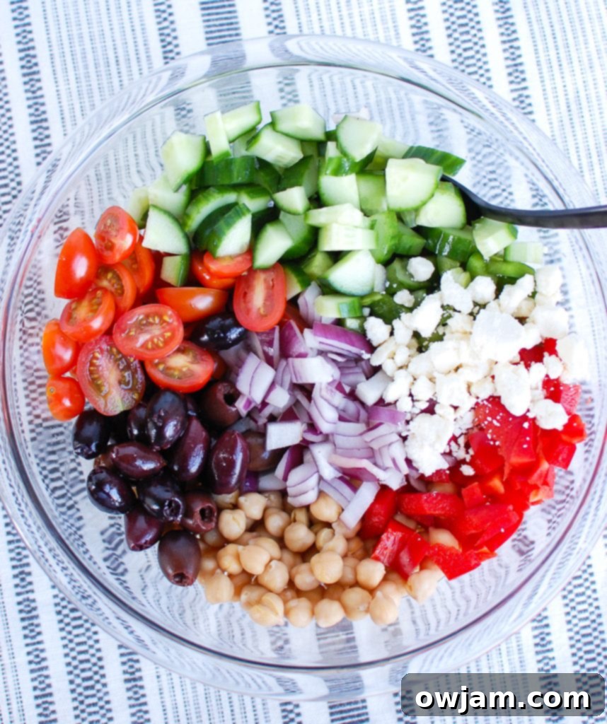 Separated Greek Chickpea Salad ingredients before mixing.