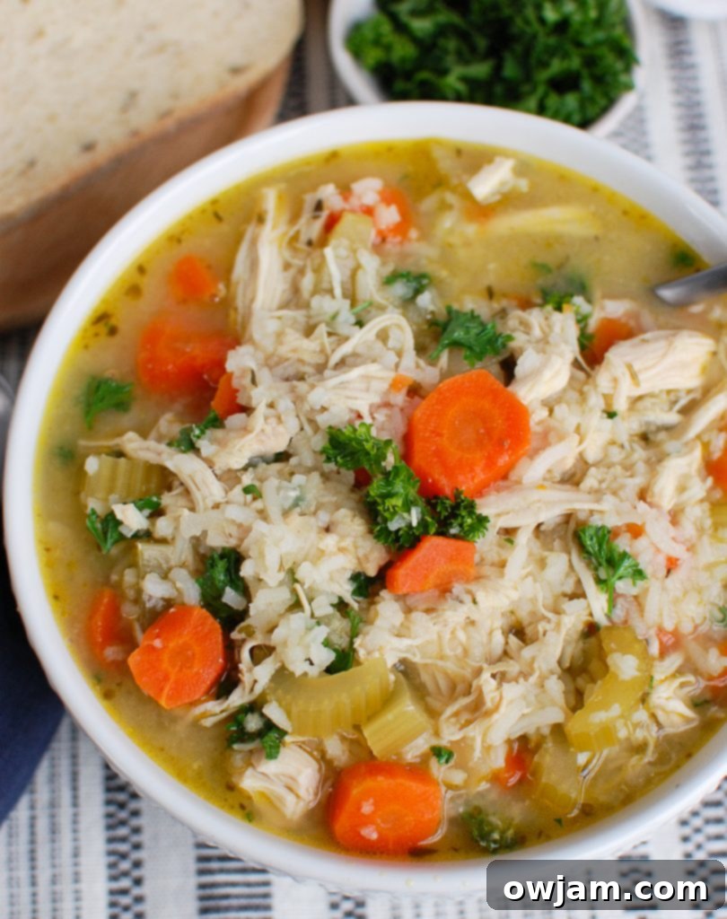 Comforting Crock Pot Chicken and Rice Soup 4 Chicken and Rice Soup with spoon