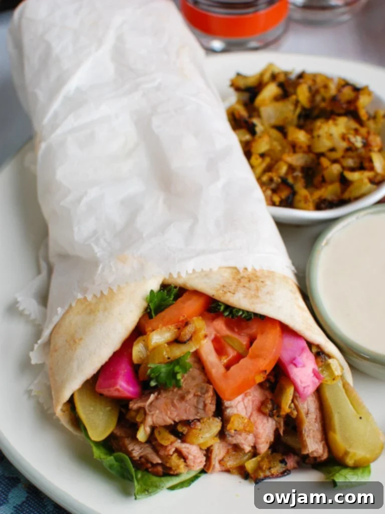 Creamy Tahini Dressing 5 Beef Shawarma in pita wrap