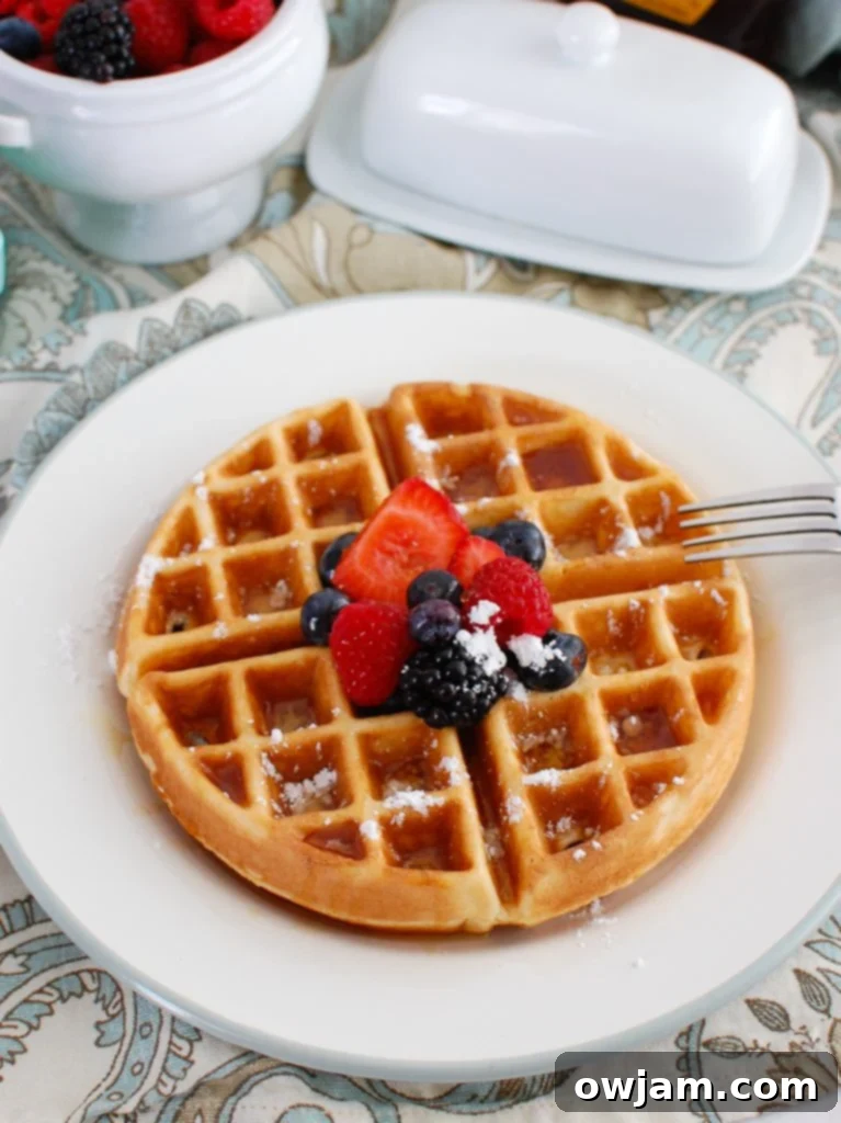 Golden brown Greek Yogurt Waffles on a white plate, topped with fresh berries and a drizzle of maple syrup, ready for a healthy breakfast.