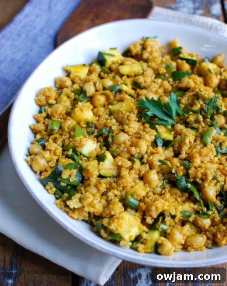 Hearty Zucchini Chickpea Quinoa Salad with spiced olive oil dressing