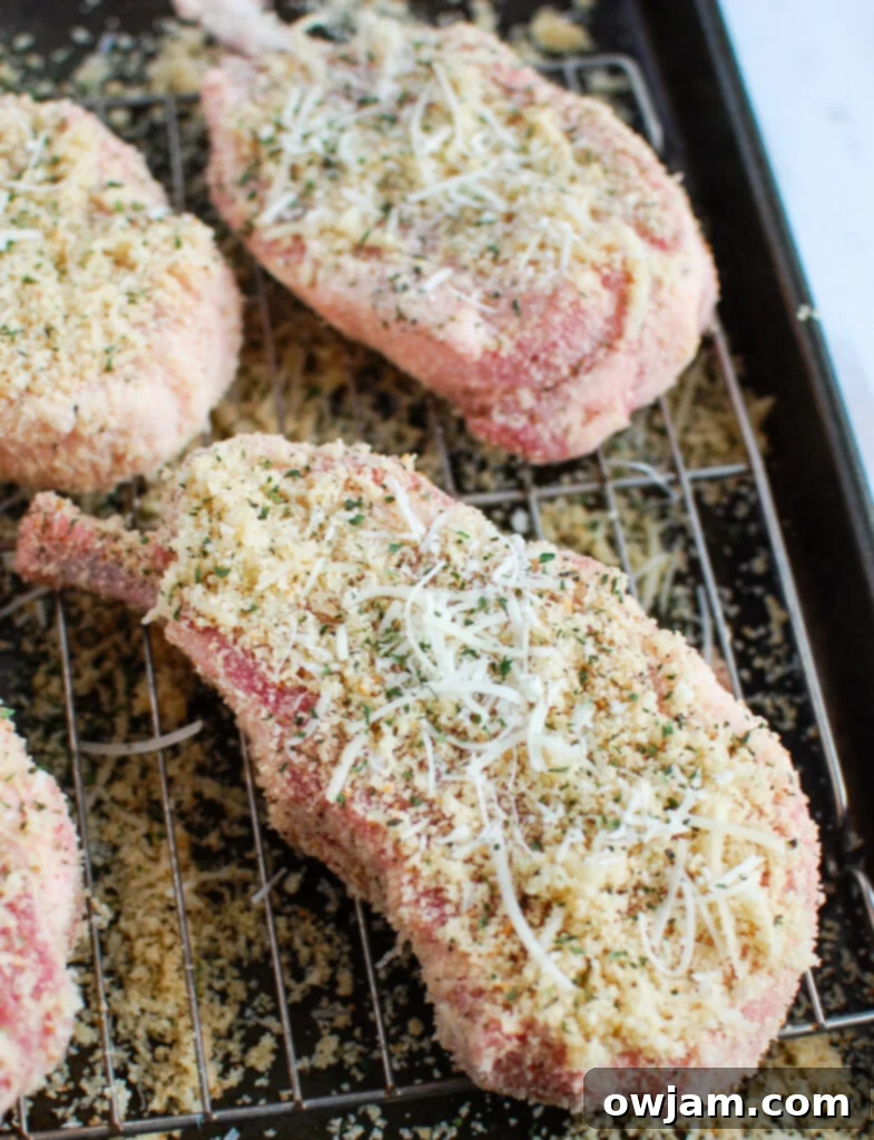 Perfect Oven-Baked Pork Chops 3 Close-up of baked pork chops with a crispy breadcrumb coating resting on a wire rack over a baking sheet, showing off their golden-brown color.