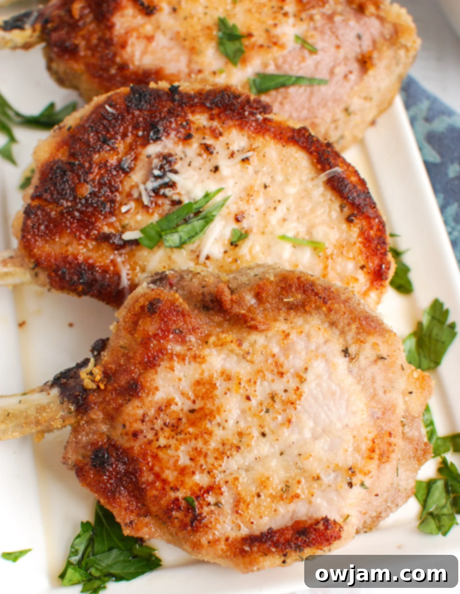 Perfect Oven-Baked Pork Chops 6 Perfectly baked juicy pork chops with a golden-brown crust, presented on a white serving platter, ready for a delicious meal.
