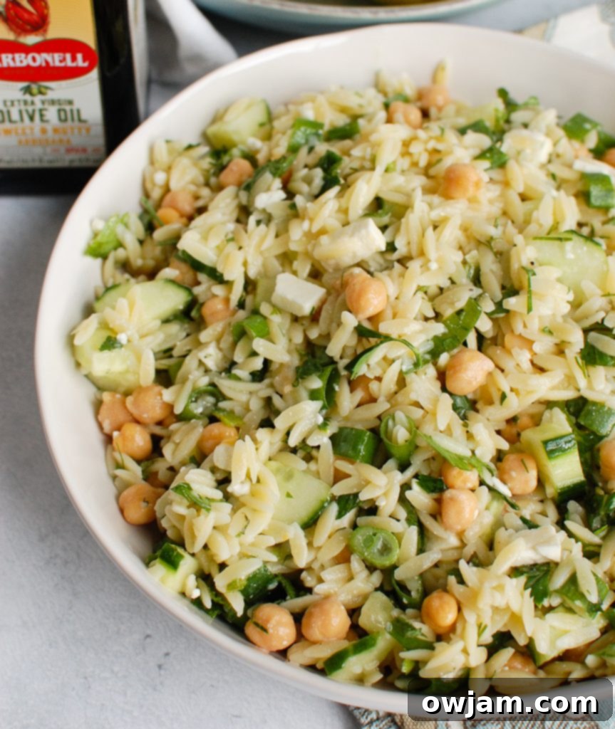 Delicious Chickpea Salad 3 Close-up of Fresh Chickpea Orzo Salad with white napkin