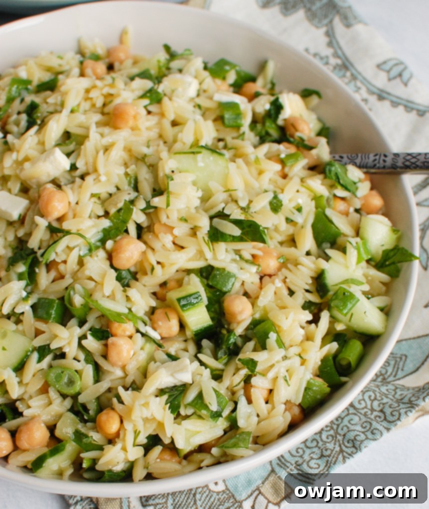 Delicious Chickpea Salad 6 Chickpea Orzo Salad in a beautiful white bowl with fresh herbs