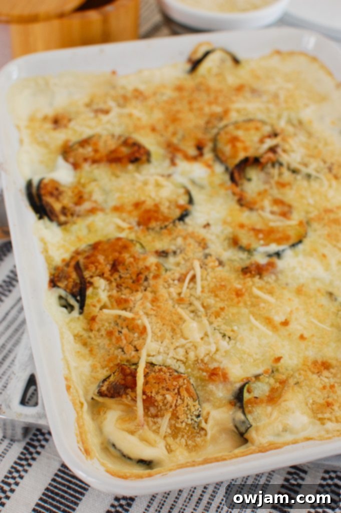 Golden Cheesy Zucchini Gratin 2 Zucchini Gratin in white casserole dish