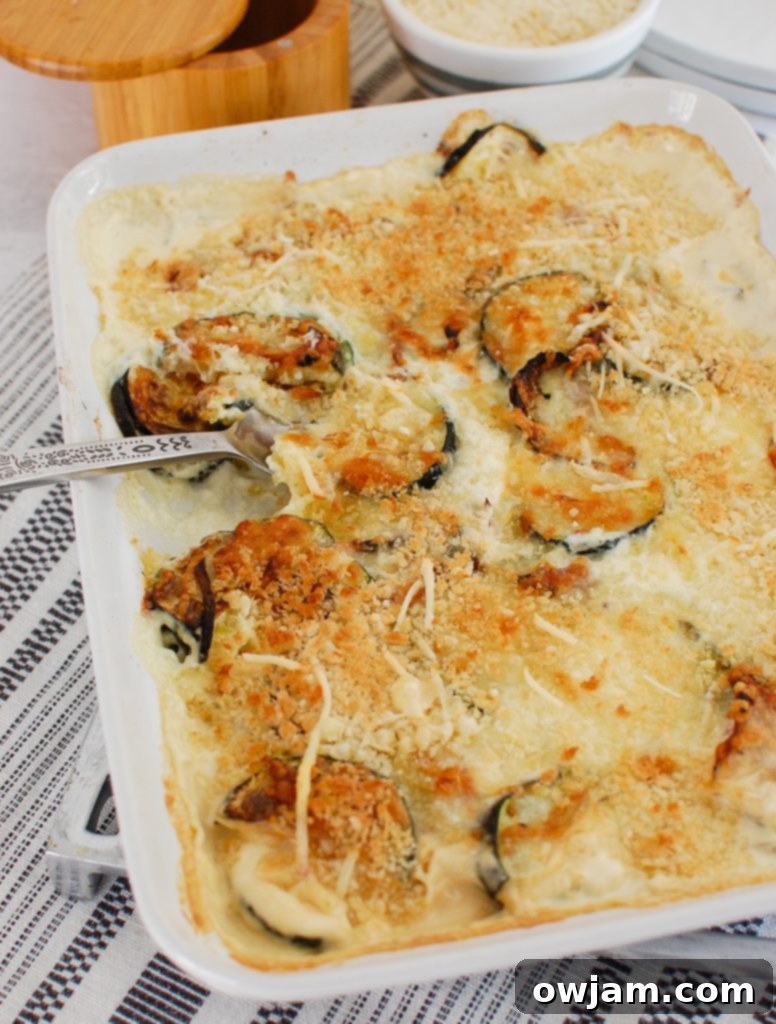 Golden Cheesy Zucchini Gratin 4 Zucchini Gratin in white casserole dish