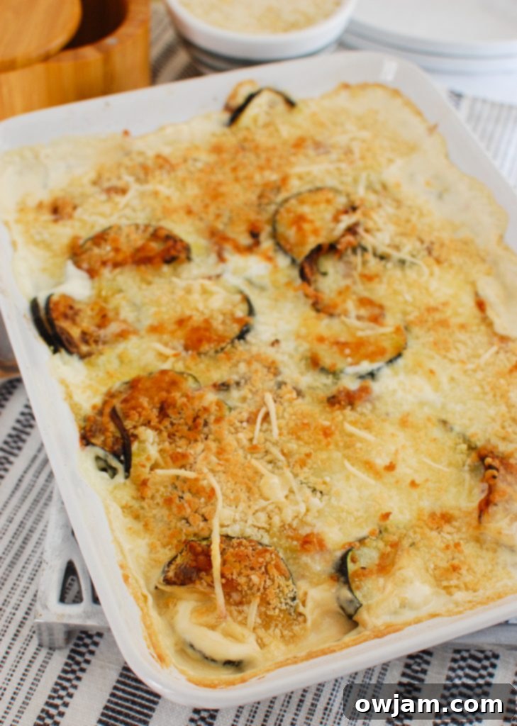 Golden Cheesy Zucchini Gratin 5 Zucchini Gratin in white dish