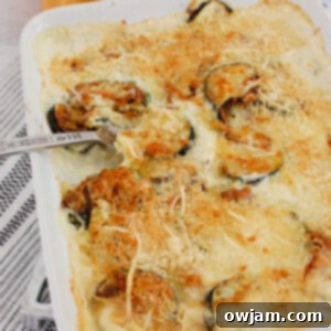 Golden Cheesy Zucchini Gratin 6 Zucchini Gratin in white casserole dish