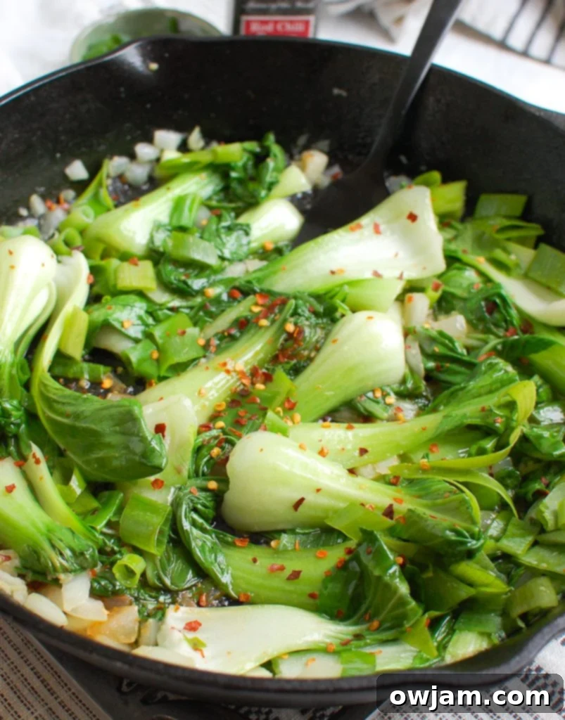 Effortless Bok Choy 3 Fresh Easy Bok Choy Recipe ingredients in cast iron skillet