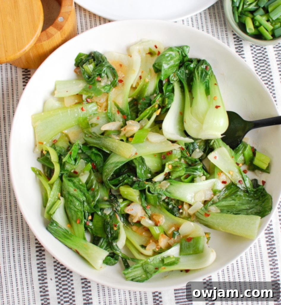 Effortless Bok Choy 4 Easy Bok Choy Recipe in white bowl, overhead shot