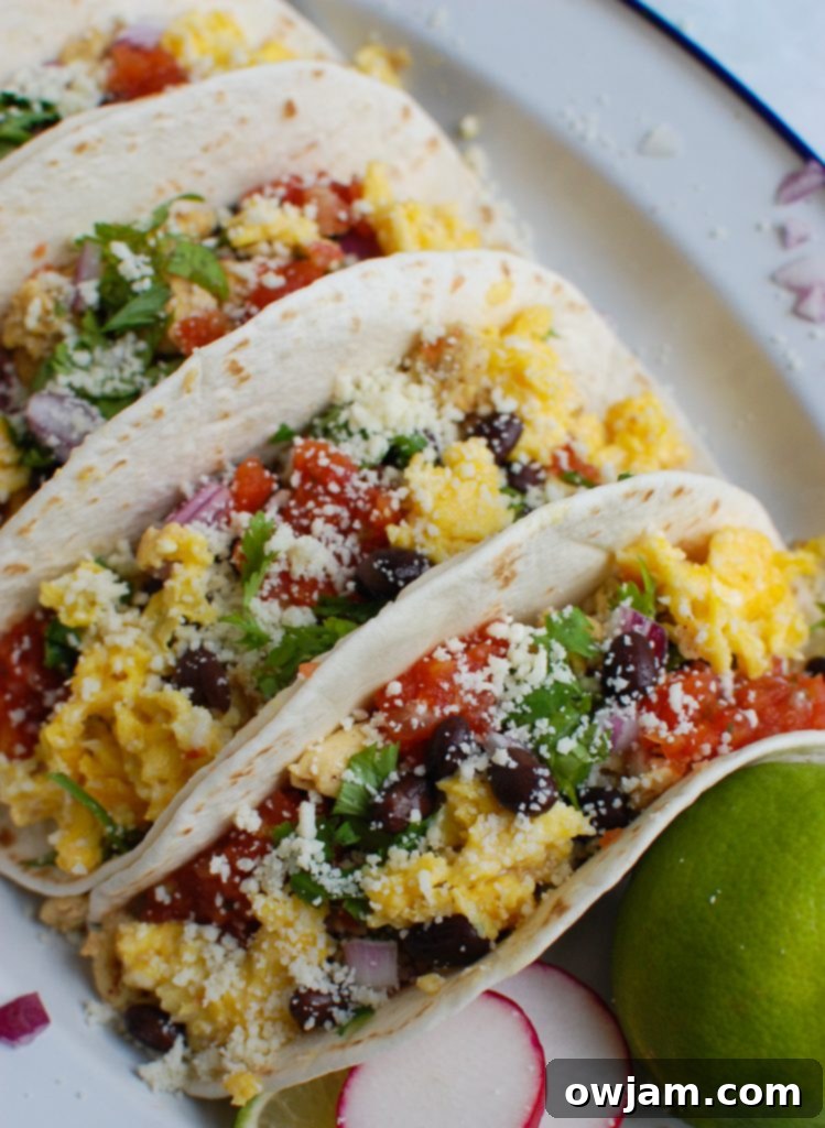 Southwestern Sunrise Tacos 5 Southwest Breakfast Egg Tacos topped with crumbly Cotija Cheese and fresh cilantro, showcasing the vibrant and enticing textures.