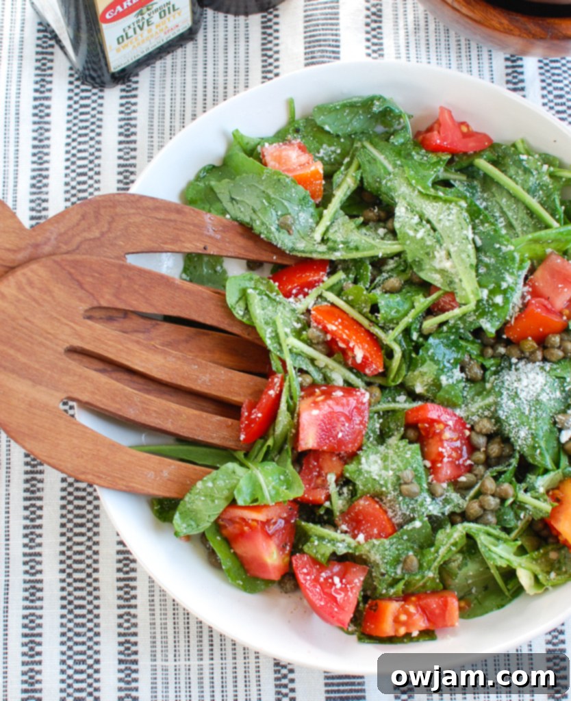 Arugula Salad with Capers above view, showing fresh ingredients